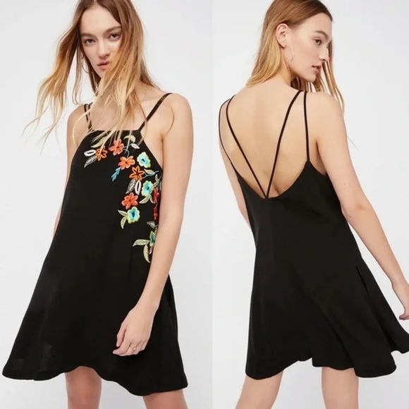 Free People Embroidered Floral Shift Mini Dress Black - Picture 9 of 12